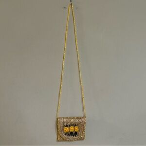 Mini Straw Purse Yellow Trim And Braided Strap Floral Front 5”x4”x0.5”